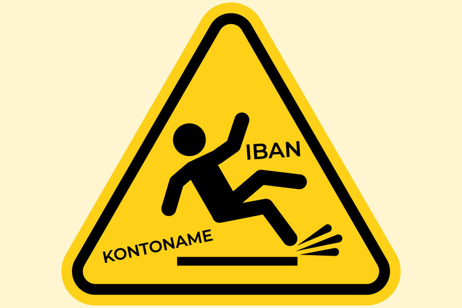 Warnschild mit Symbol einer fallenden Person, die über einen Balken mit den Begriffen "Kontoname" und "IBAN" stolpert – sinnbildliche Darstellung für Risiken beim Umgang mit Bankdaten.