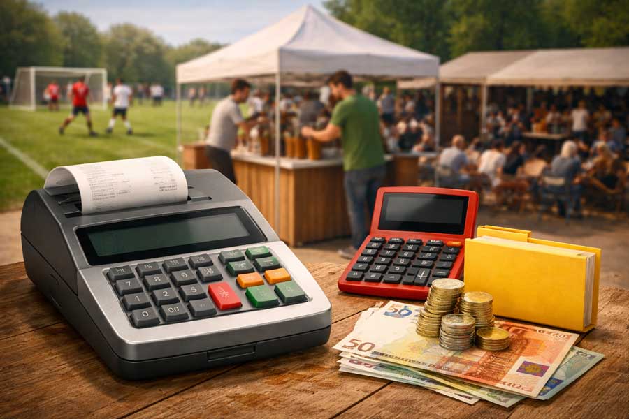 Eine Registrierkassa mit ausgedrucktem Beleg steht auf einem Holztisch im Freien neben einem roten Taschenrechner, Geldscheinen, Münzstapeln und gelben Ordnern. Im Hintergrund sind Vereinsstände mit Menschen sowie ein Fußballfeld mit spielenden Personen zu sehen, was auf ein Vereinsfest oder Sportevent hinweist.