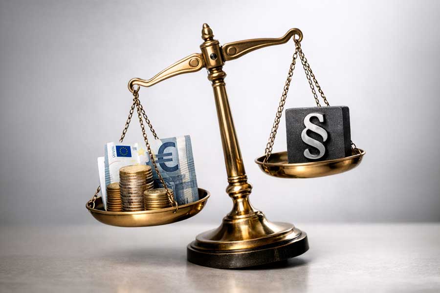 news_vermögenshortung_vereine_900x600_09042026 Waage mit Münzstapeln, Sparschwein und Euro-Geldsack; daneben Richterhammer, Gesetzbuch „Steuergesetz“ und Warnschild „Steuerrisiko“ – Symbolbild für Gemeinnützigkeit und steuerliche Risiken.