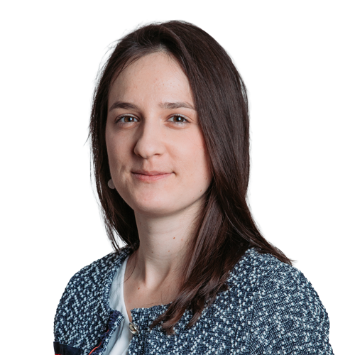Porträtfoto – junge Frau mit langen, glatten braunen Haaren, die leicht lächelnd in die Kamera blickt. Sie trägt einen blau-weiß gemusterten Blazer über einem hellen Oberteil. Der Hintergrund ist weiß