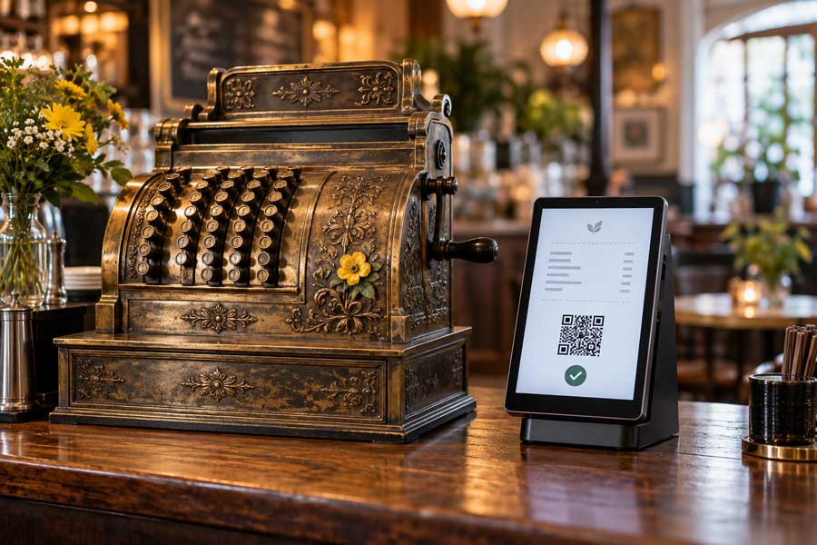 Antike goldene Registrierkasse neben einem Tablet mit elektronischem Kassenbeleg und QR-Code auf einem hölzernen Tresen in einem stilvoll beleuchteten Gastronomiebetrieb.